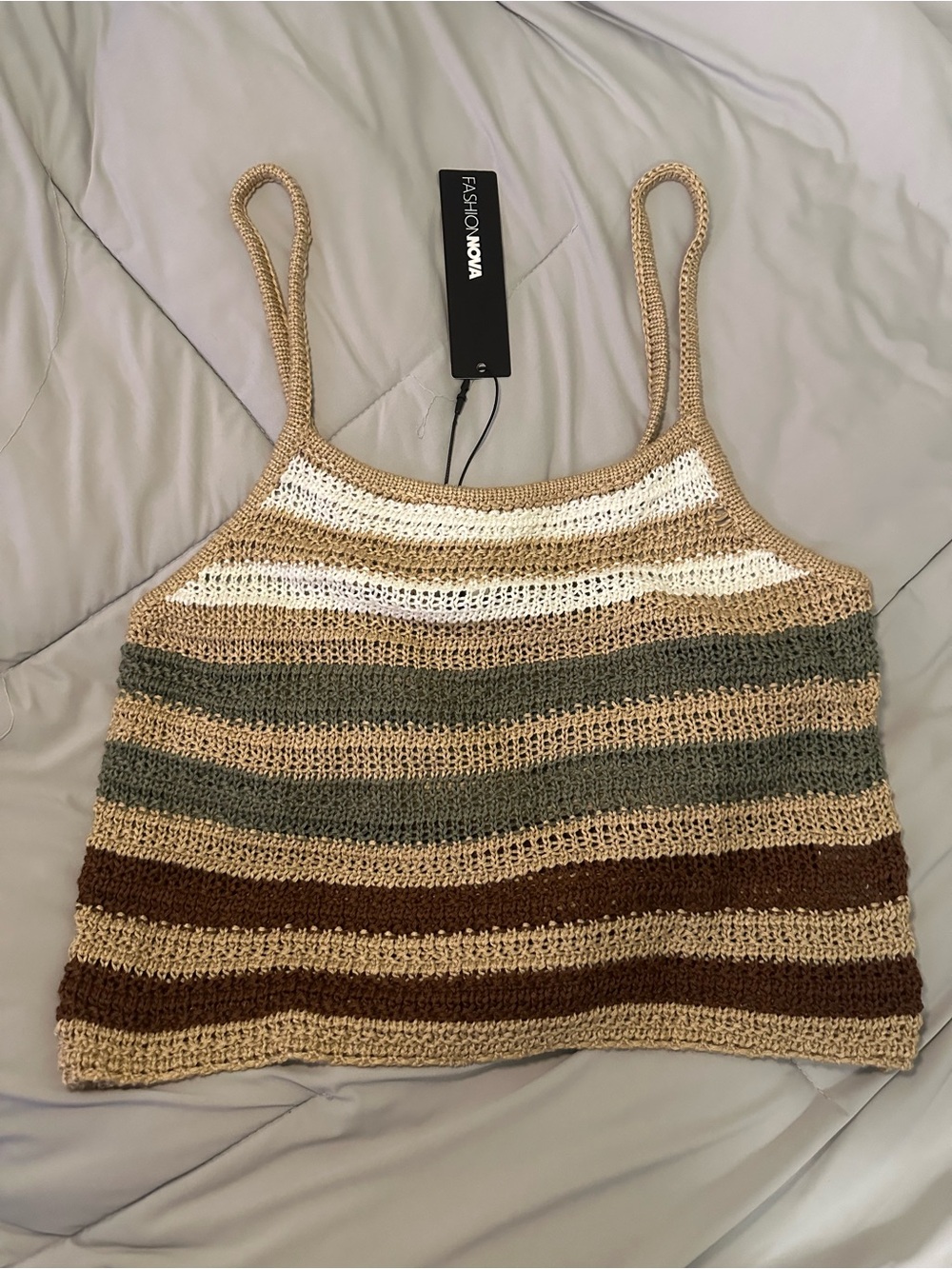 Fashion Nova Women's Striped Crochet Tank Top - Beige/White/Green/Brown